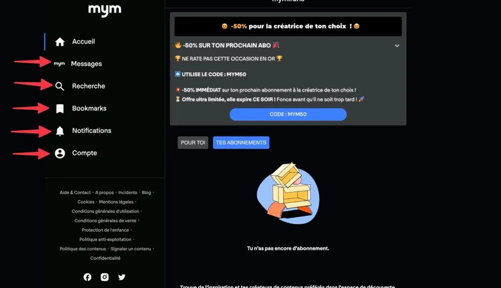 Interface MYM côté utilisateur : menu Messages, Recherche, Notifications