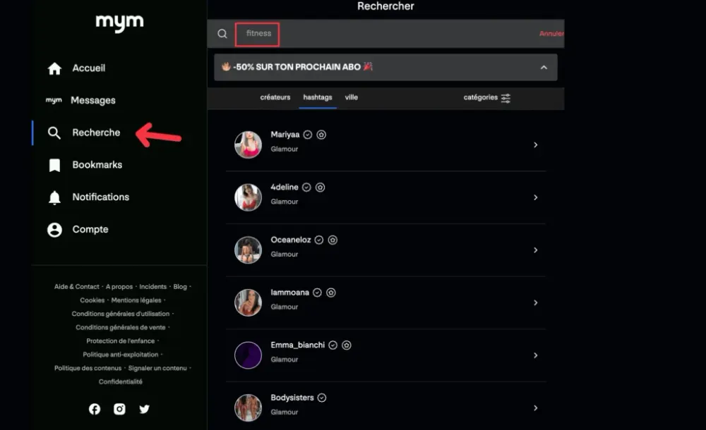 Recherche de créateurs sur MYM par pseudo, hashtag et ville